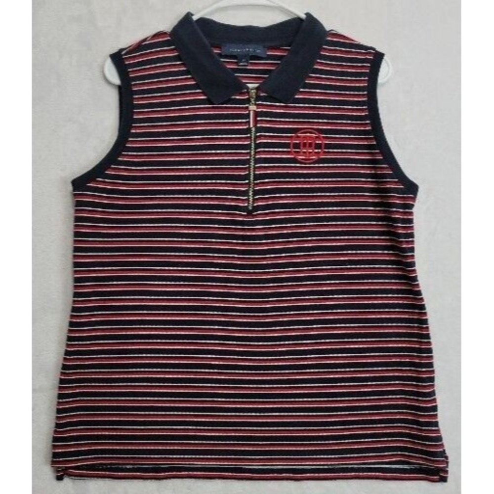 Tommy Hilfiger Womens Sleeveless 1/4 Zip Logo Tank Size L Navy Red Striped Shirt
